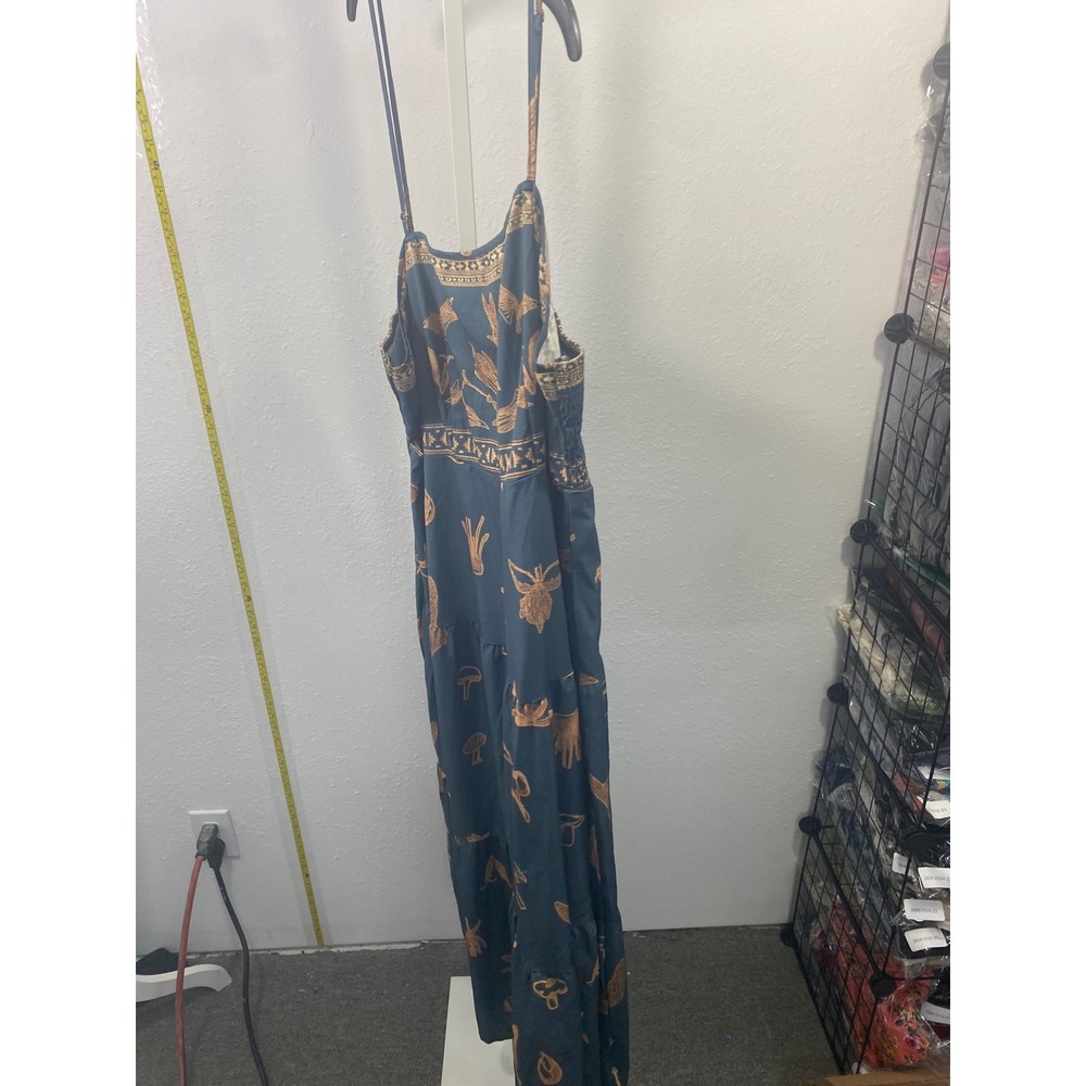Boho Tiered Maxi Dress Teal Gold Botanical Print Smocked Back Spaghetti Strap